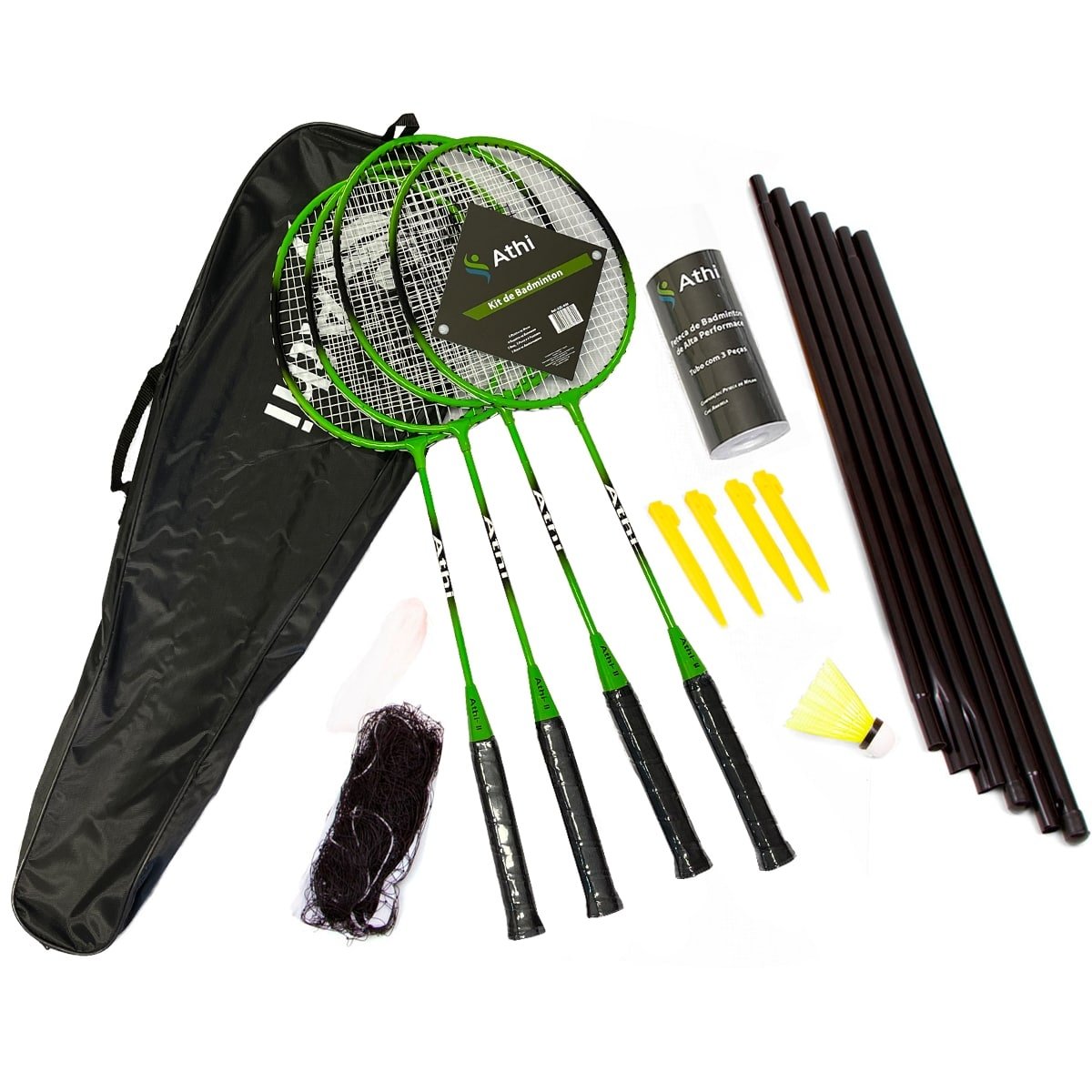 Kit Badminton - 4 Raquetes - 3 Petecas - Rede e Suportes - Athi