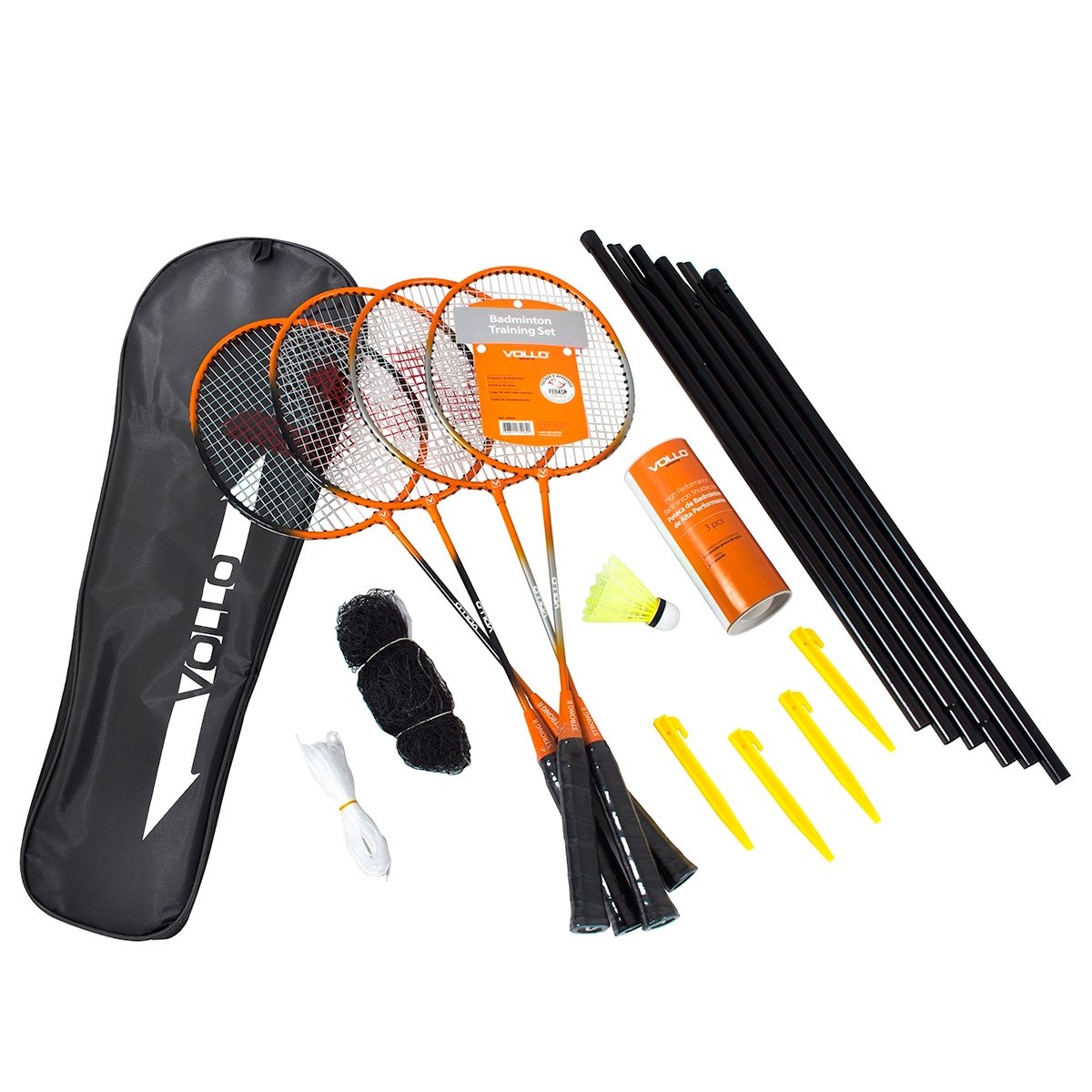 Kit Badminton com 4 Raquetes - 3 Petecas - Poste e Rede - Vollo