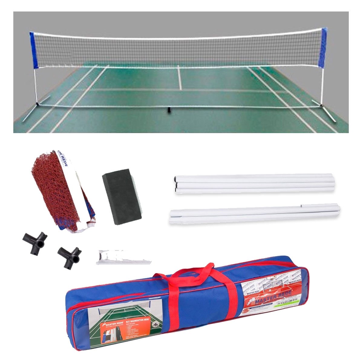Kit Badminton Oficial C/ 1 Poste 1,55m 1 Rede 3,10m e 3 Petecas - Master