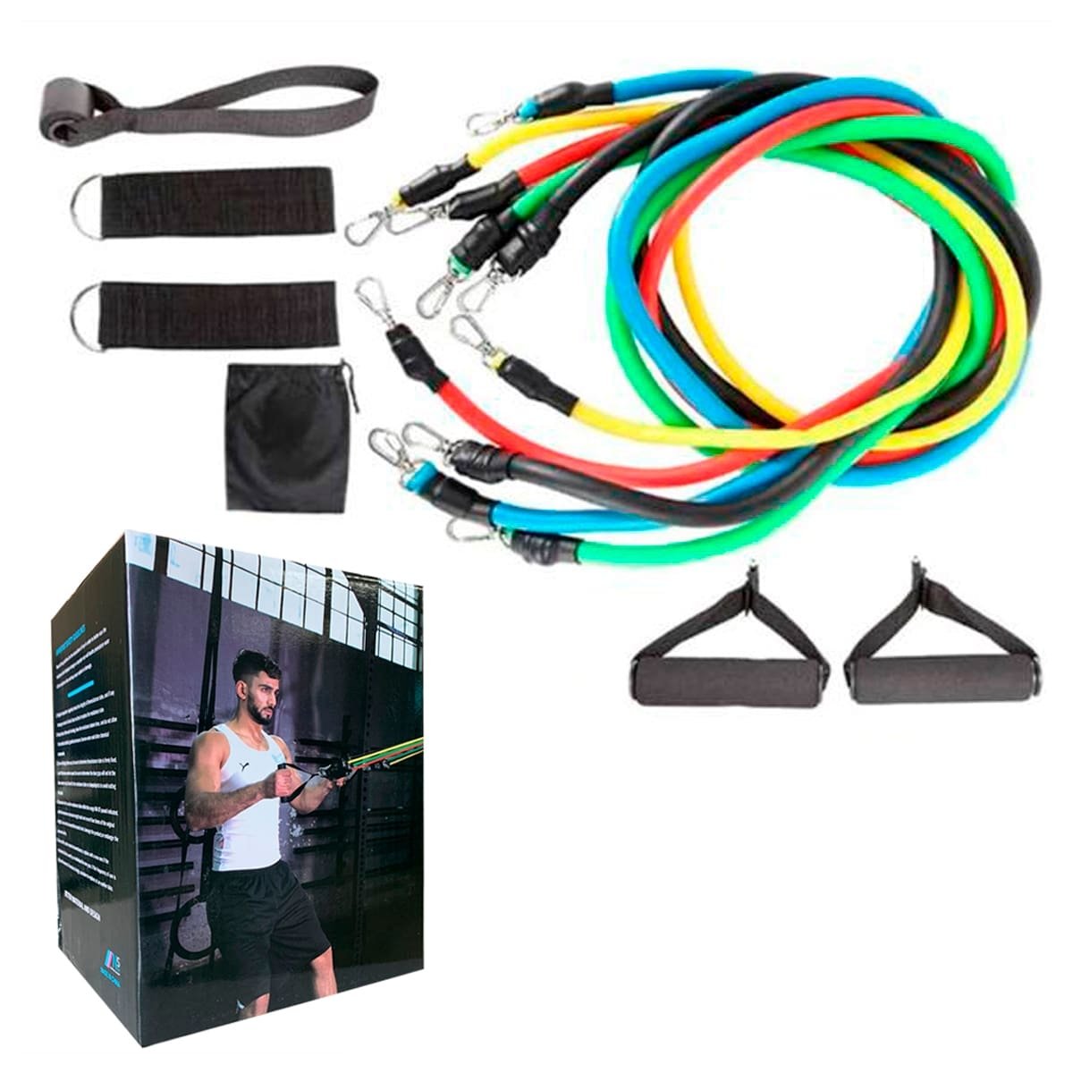 Kit Elástico 11 Peças Musculação Pilates Fitness - Azul Esportes